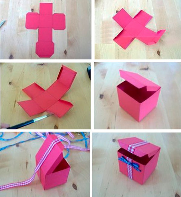 На фото показано, как сделать квадратную коробку из плотного картона