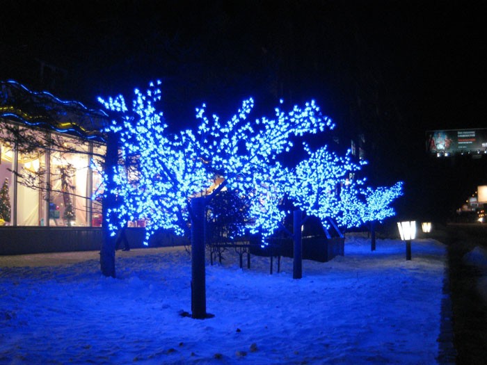 Световые деревья приглашают войти в торговый центр в вечернее время