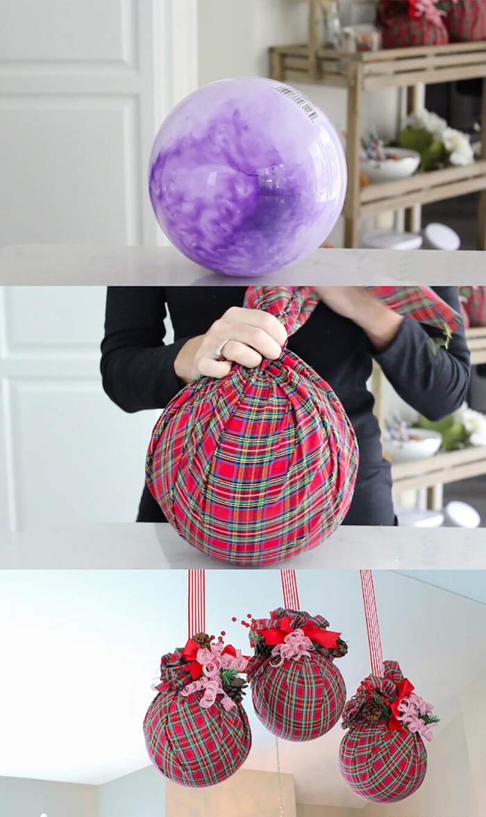 Из обычного шарика и нарядной ткани легко сделать крупноразмерные шары-подвески